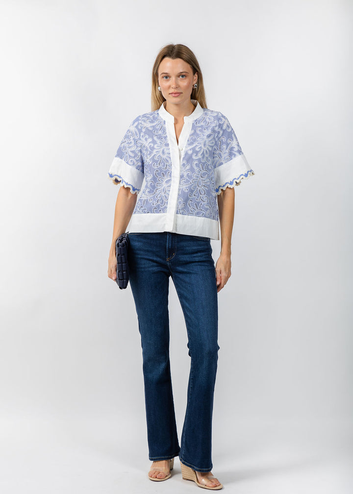 BK Short Sleeve Lace Detailing V-Neck Top in Blue available at Barbara Katz