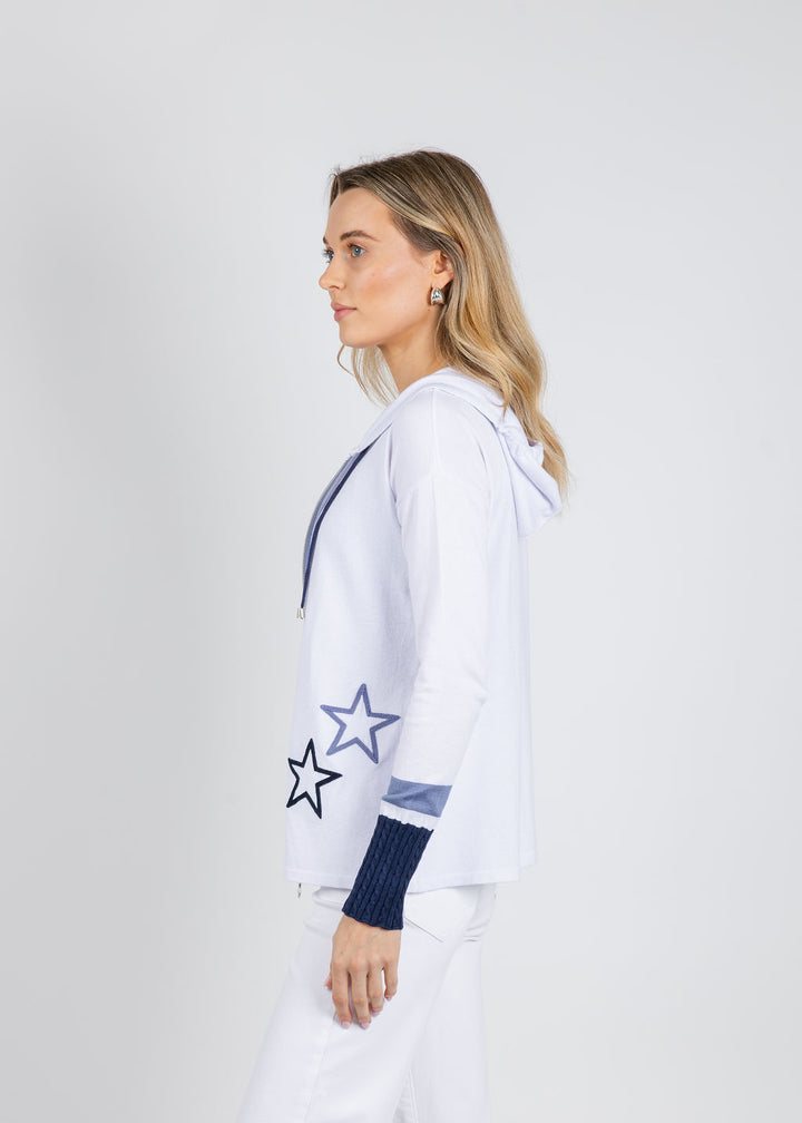 BK Star Braided Sleeve Zip Up Hoodie in White/Blue available at Barbara Katz