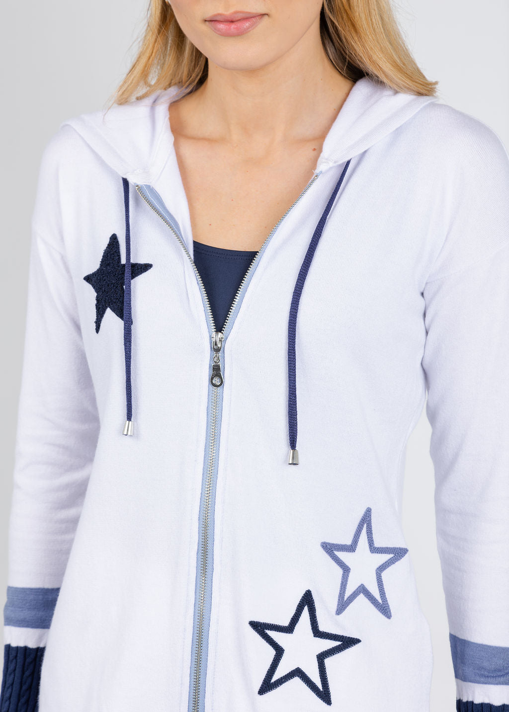 BK Star Braided Sleeve Zip Up Hoodie in White/Blue available at Barbara Katz