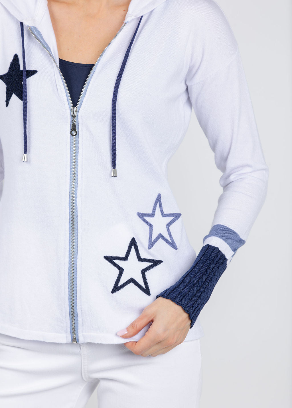 BK Star Braided Sleeve Zip Up Hoodie in White/Blue available at Barbara Katz