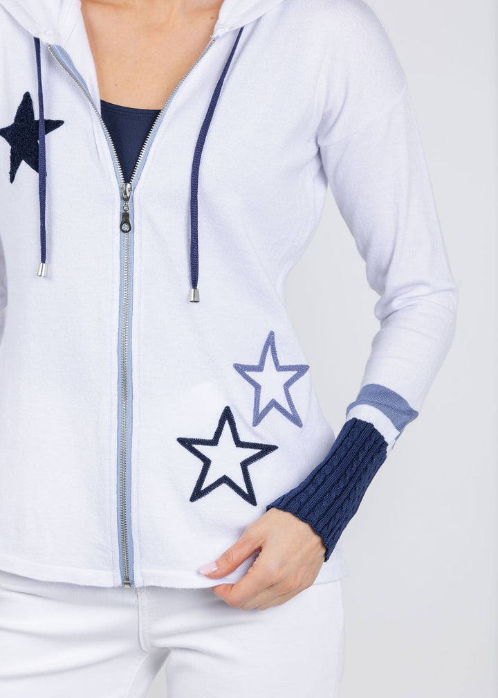 BK Star Braided Sleeve Zip Up Hoodie in White/Blue available at Barbara Katz