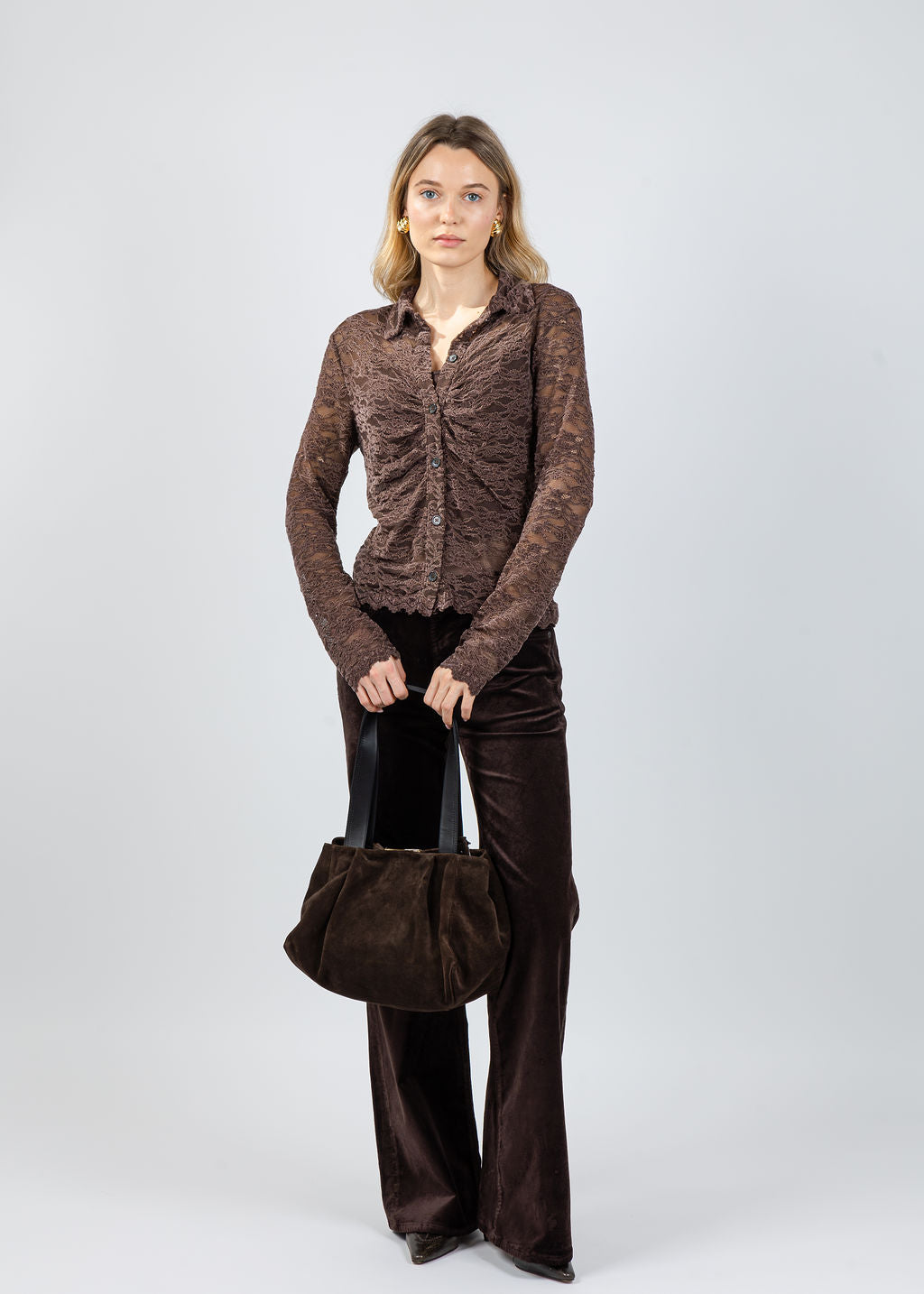 BK Stella Stretch Lace Button-Down Blouse in Chocolate paired with Citizens of Humanity Kimberly 70's Flare Velvet Pants in Espresso available at Barbara Katz