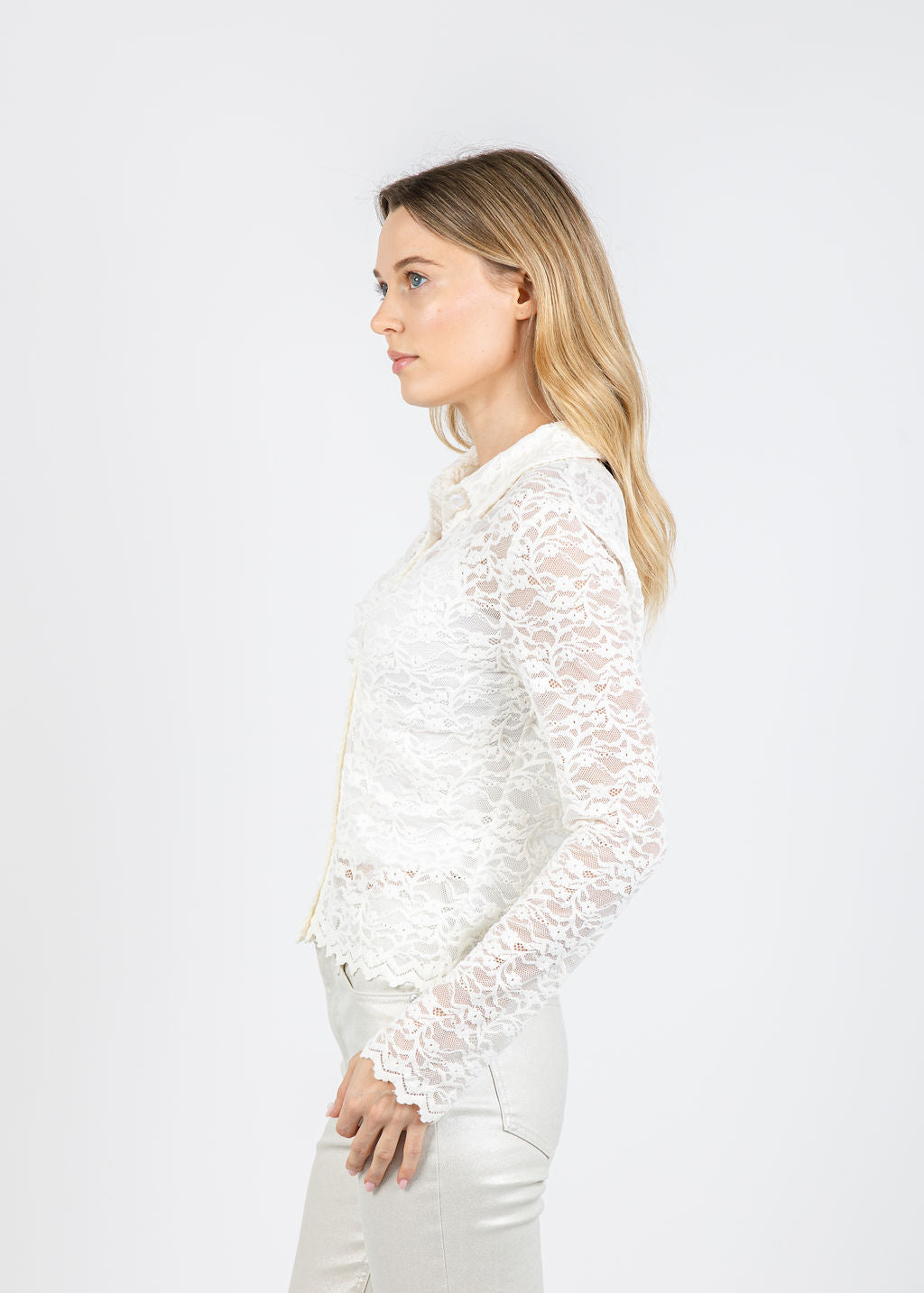 BK Stella Stretch Lace Button-Down Blouse in Ivory available at Barbara Katz