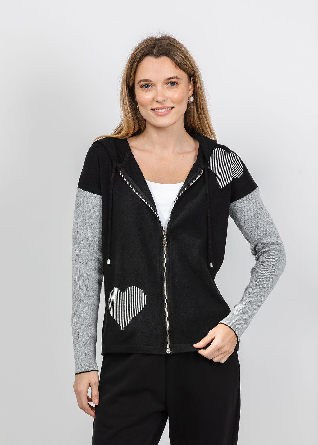 BK Stripe Hearts Zip Hoodie in Black/White available at Barbara Katz
