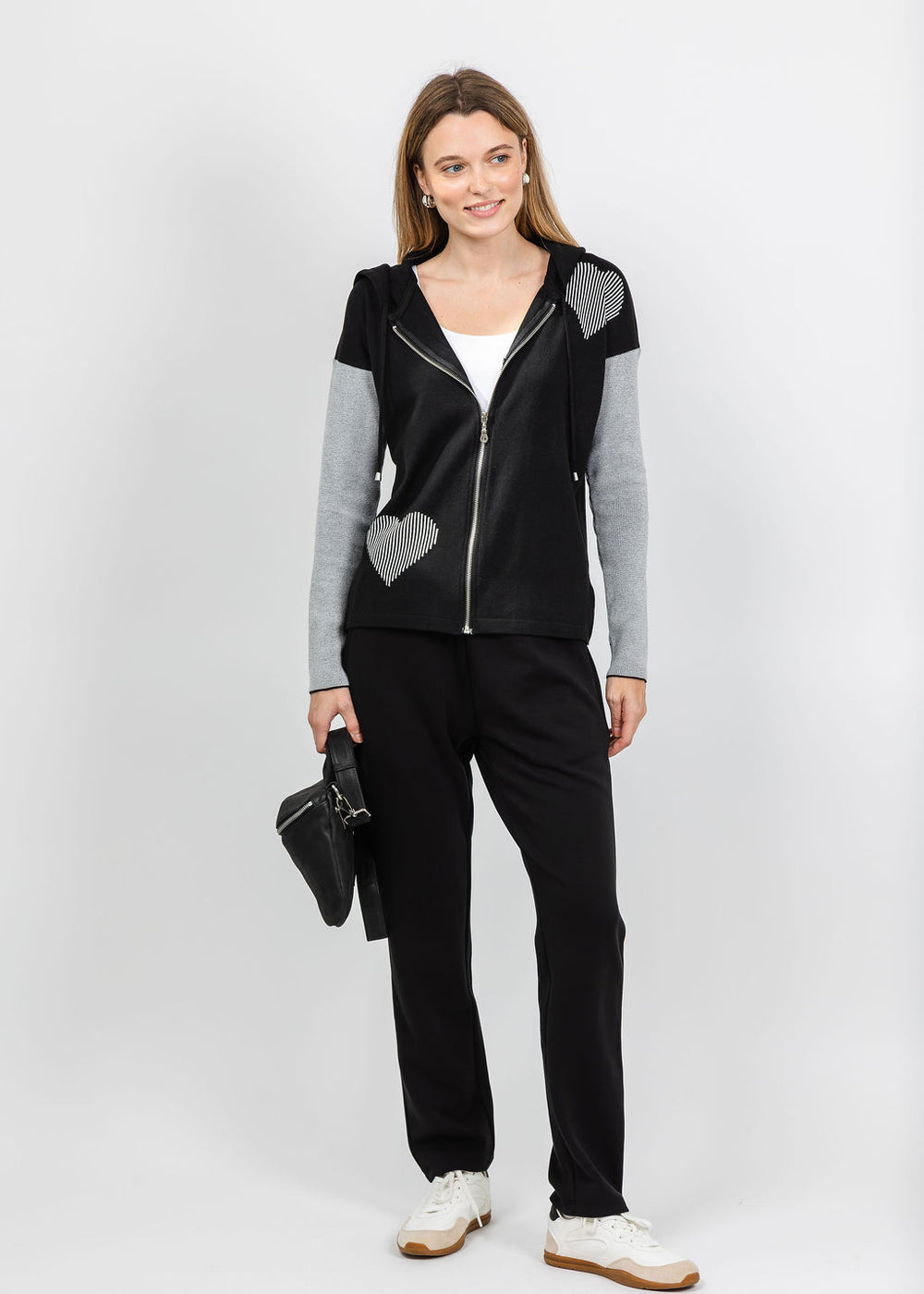 BK Stripe Hearts Zip Hoodie in Black/White available at Barbara Katz