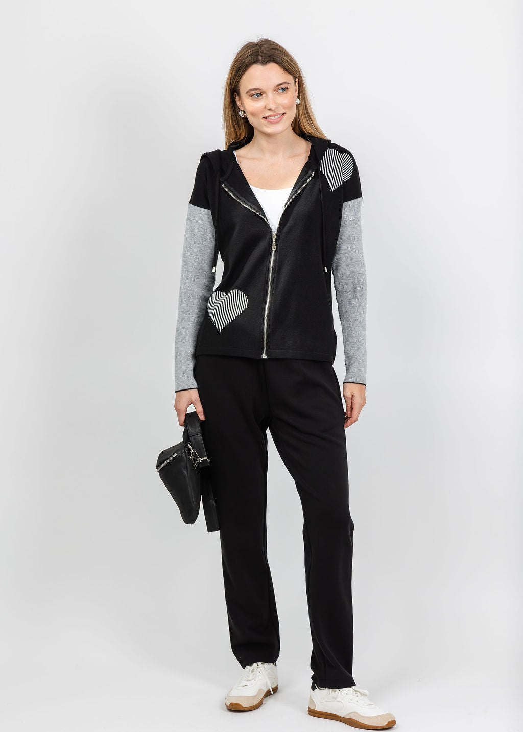 BK Stripe Hearts Zip Hoodie in Black/White available at Barbara Katz
