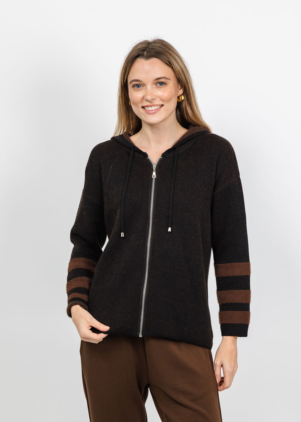 BK Stripe Sleeve Zip Hoodie in Brown available at Barbara Katz