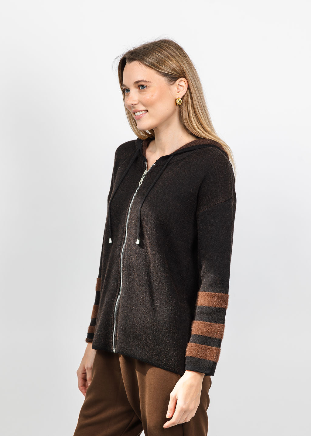 BK Stripe Sleeve Zip Hoodie in Brown available at Barbara Katz