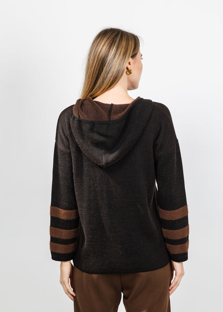 BK Stripe Sleeve Zip Hoodie in Brown available at Barbara Katz
