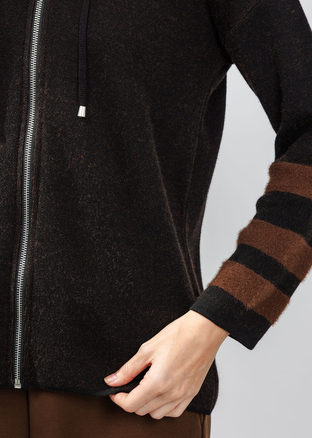 BK Stripe Sleeve Zip Hoodie in Brown available at Barbara Katz
