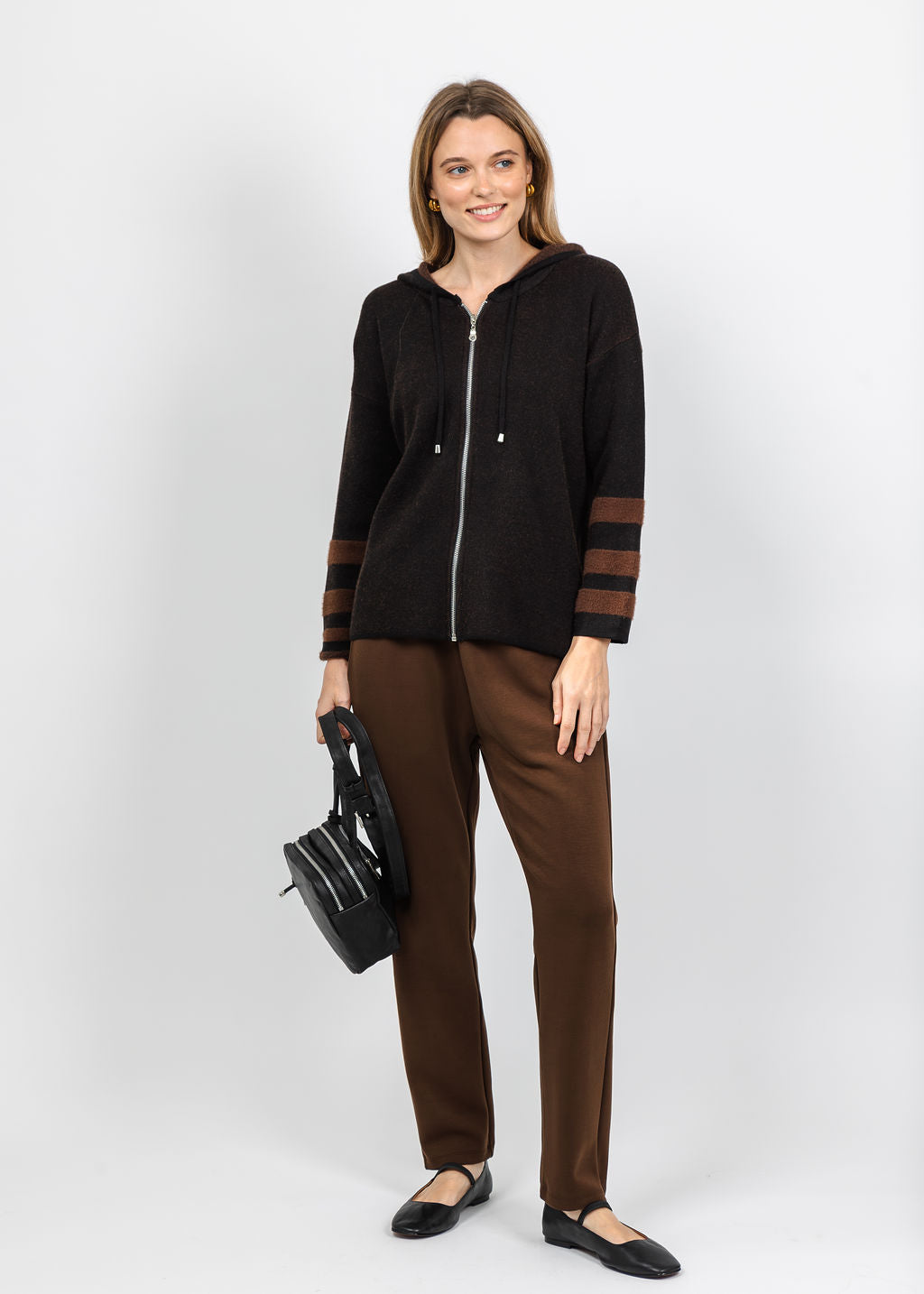 BK Stripe Sleeve Zip Hoodie in Brown available at Barbara Katz