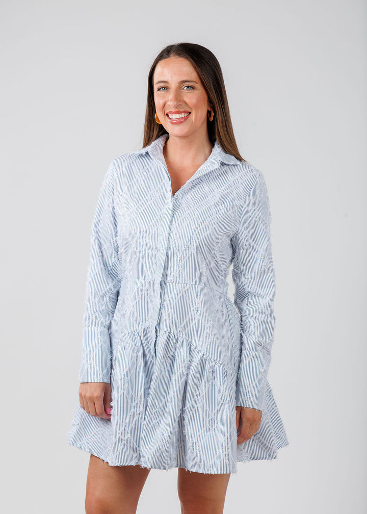 BK Striped Fringe Detail Collared Dress in Blue available at Barbara Katz