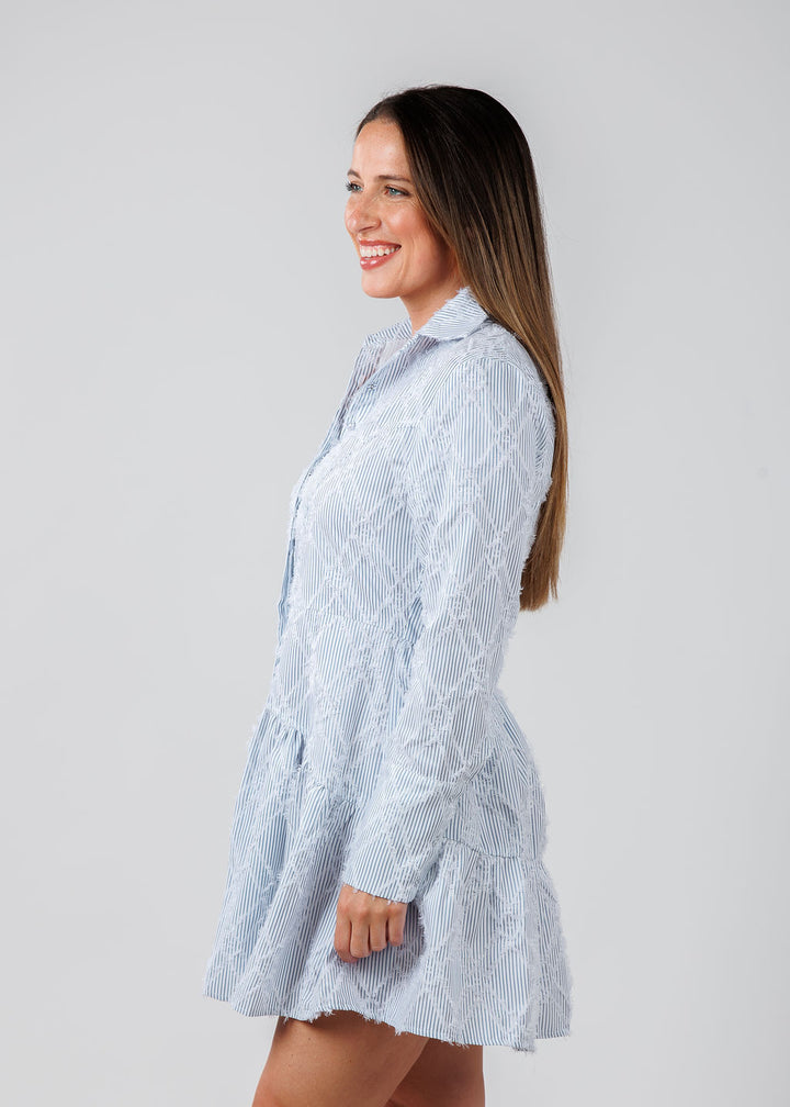 BK Striped Fringe Detail Long Sleeve Dress in Blue available at Barbara Katz