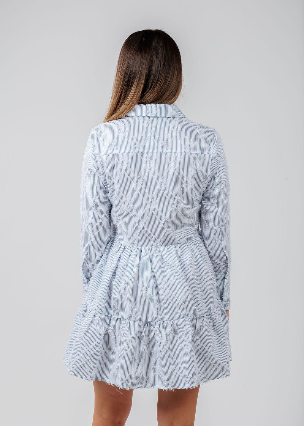 BK Striped Fringe Detail Mini Dress in Blue available at Barbara Katz