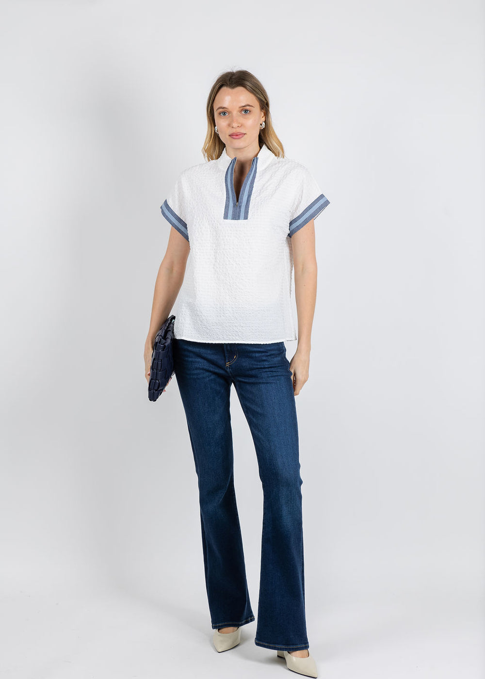 BK Denim Trim Blouse in White available at Barbara Katz