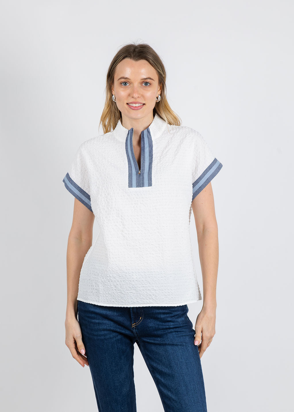 BK Denim Trim Blouse in White available at Barbara Katz