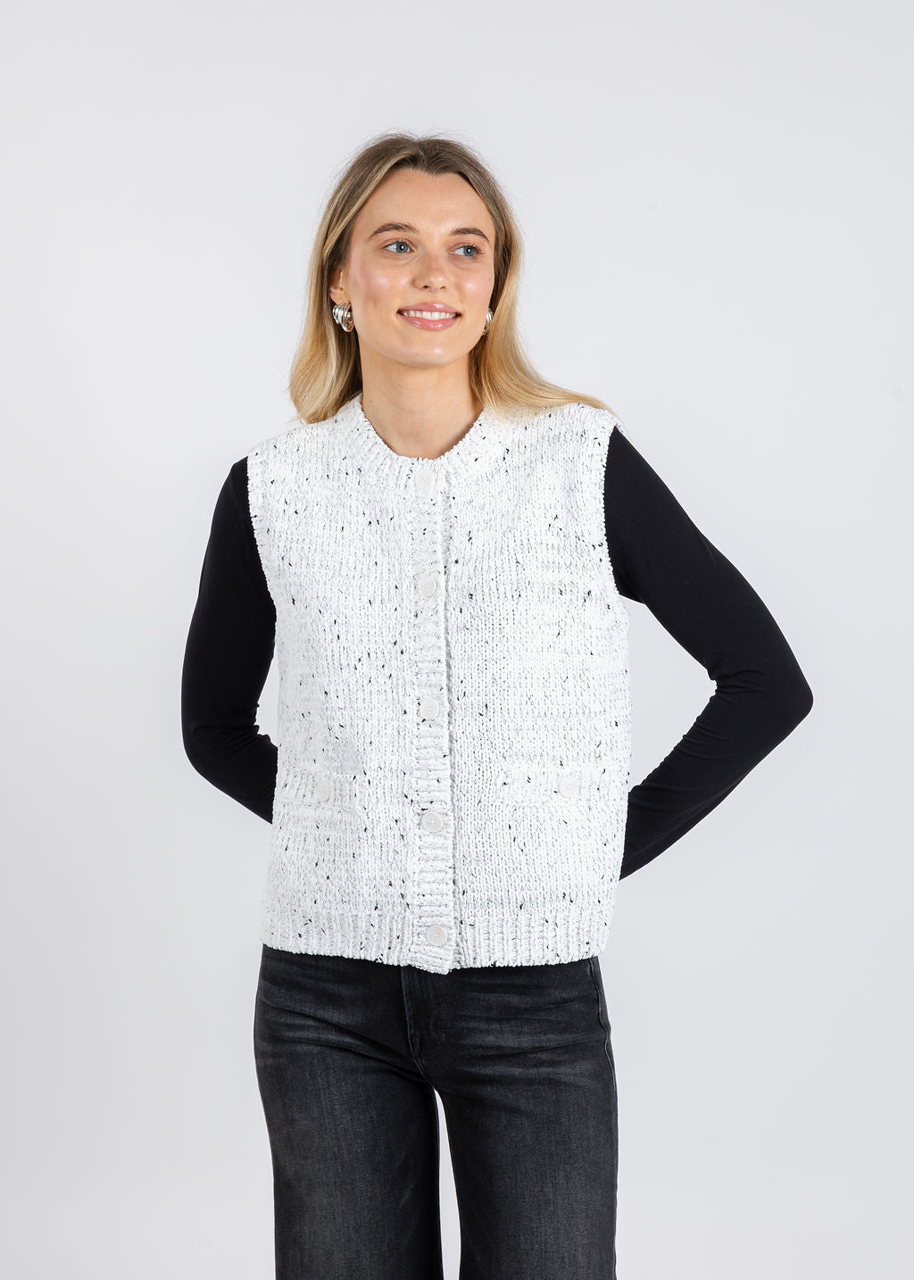 BK Tasha Sleeveless Chenille Cardigan in Black/White available at Barbara Katz