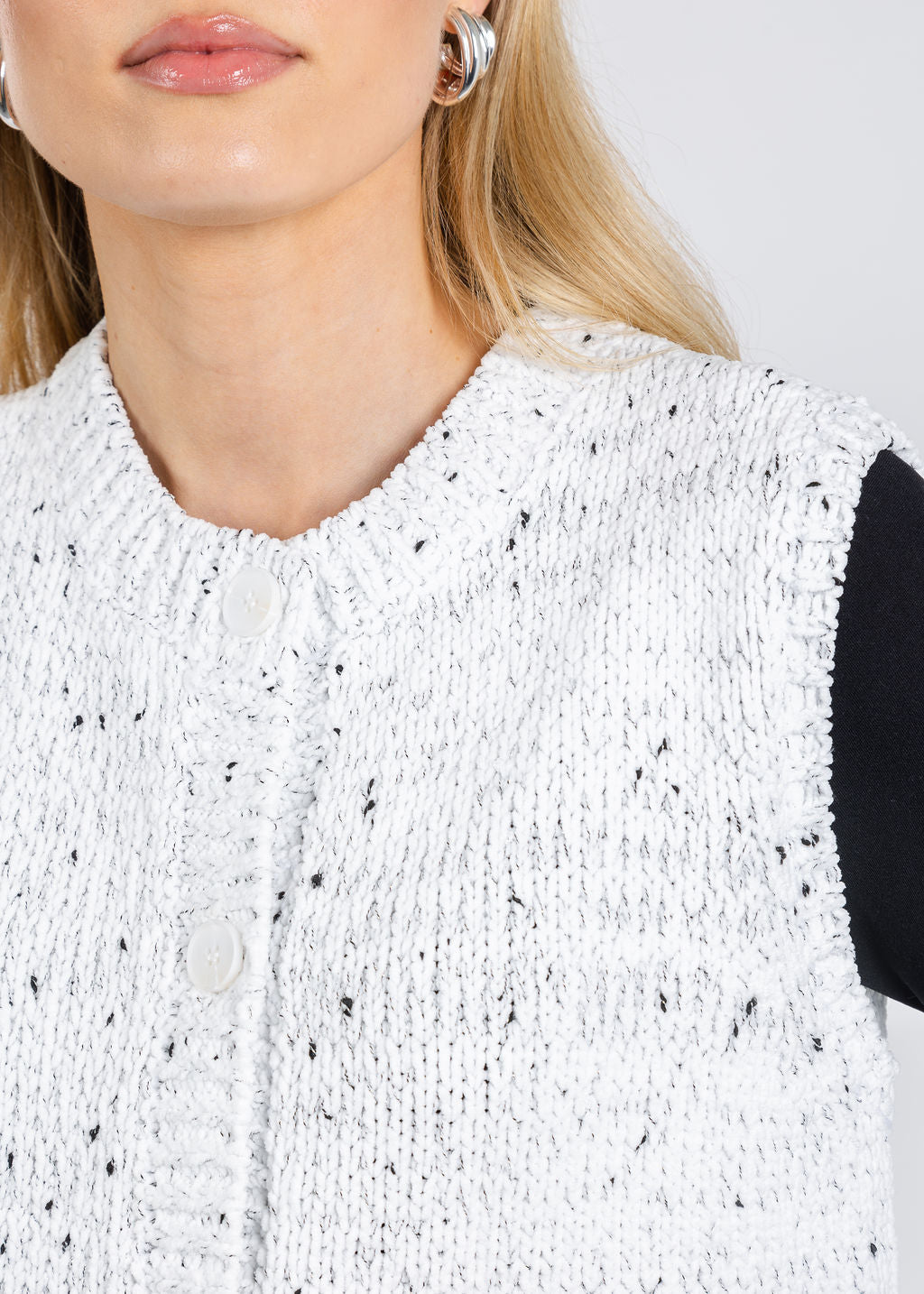 BK Tasha Sleeveless Chenille Cardigan in Black/White available at Barbara Katz
