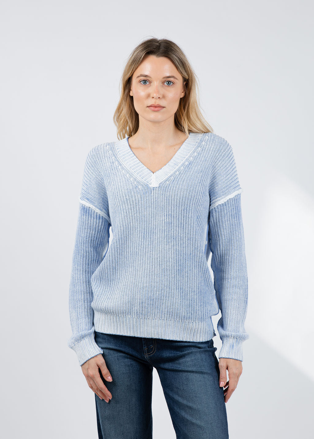 BK V Neck Dip Dye Sweater in Colony Blue Combo available at Barbara Katz