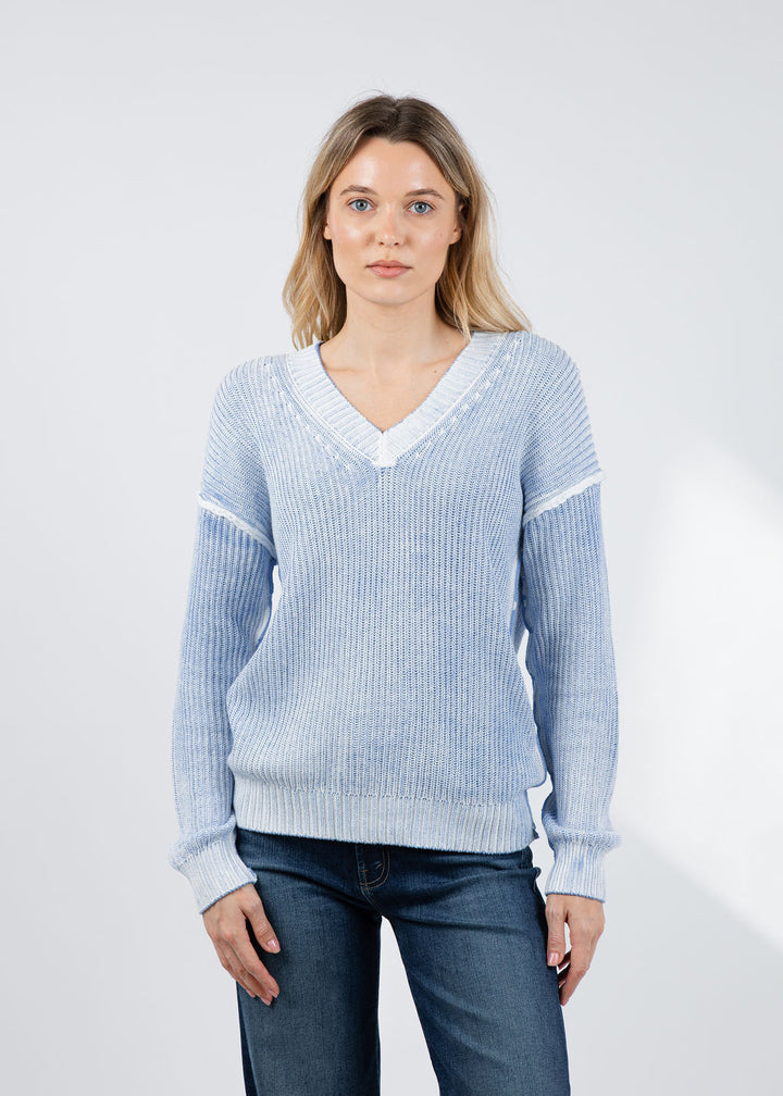 BK V Neck Dip Dye Sweater in Colony Blue Combo available at Barbara Katz