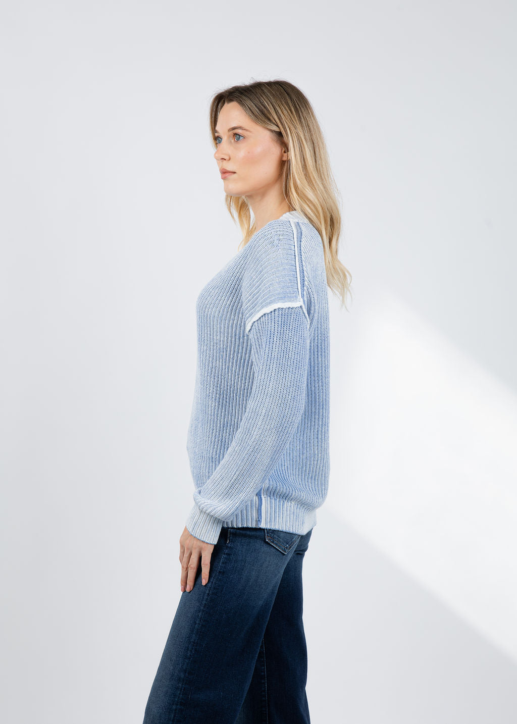 BK V Neck Dip Dye Sweater in Colony Blue Combo available at Barbara Katz