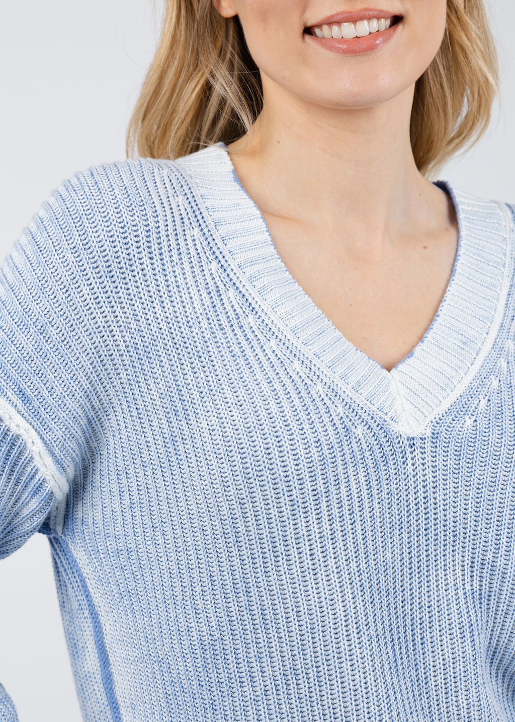 BK V Neck Dip Dye Sweater in Colony Blue Combo available at Barbara Katz