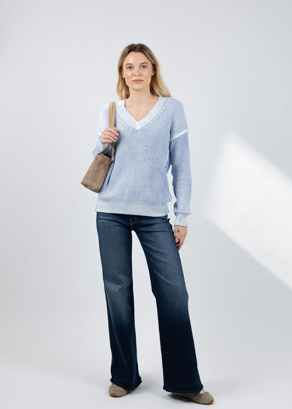 BK V Neck Dip Dye Sweater in Colony Blue Combo available at Barbara Katz