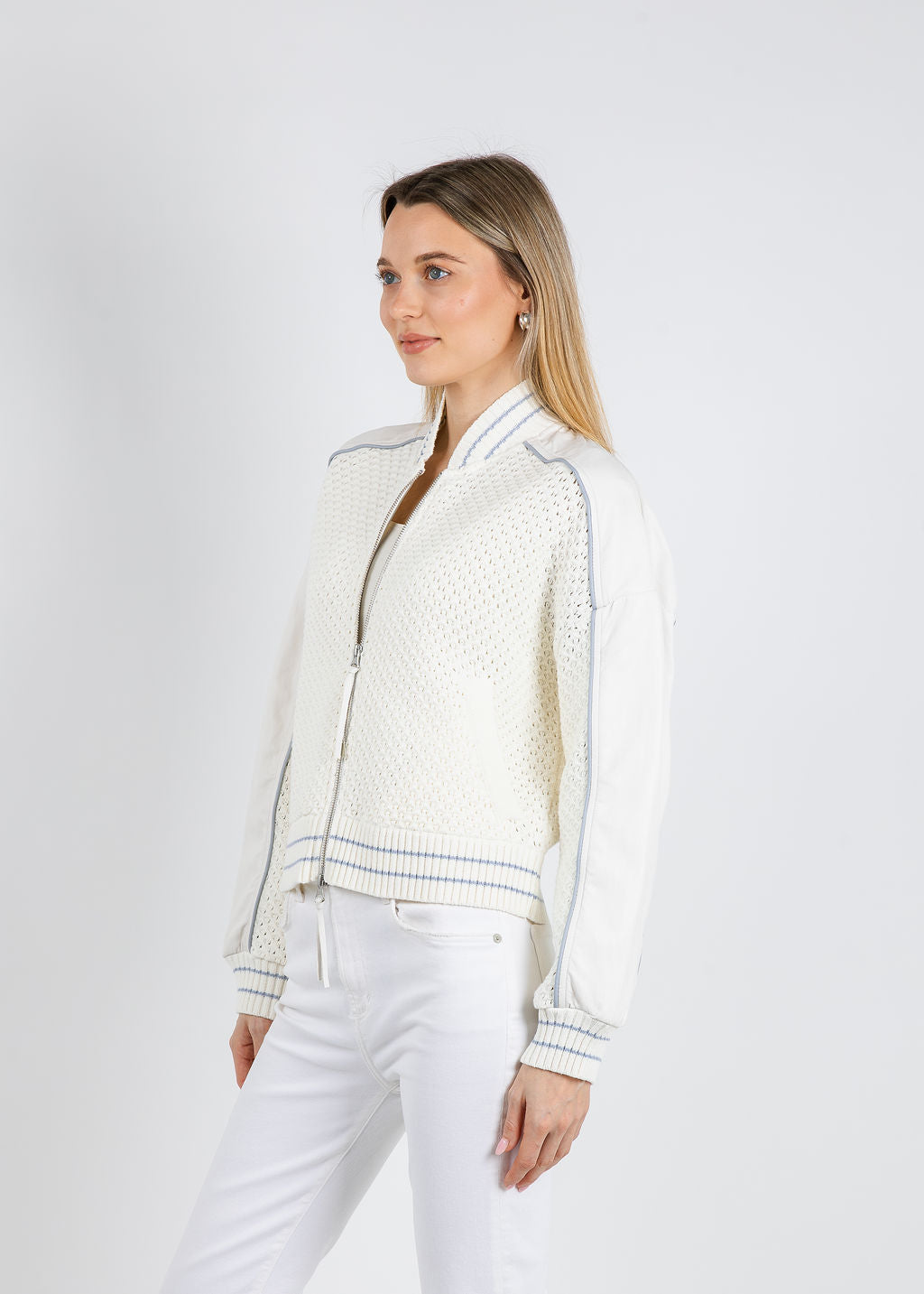 BK Val Vegan Crochet Bomber Jacket in Bone available at Barbara Katz