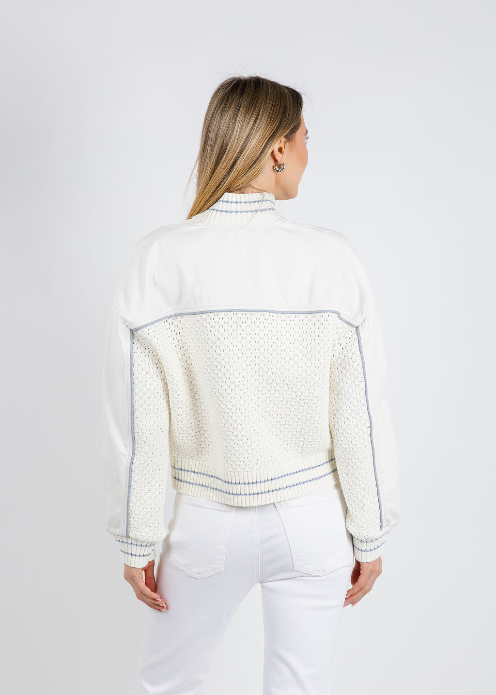 BK Val Vegan Crochet Bomber Jacket in Bone available at Barbara Katz