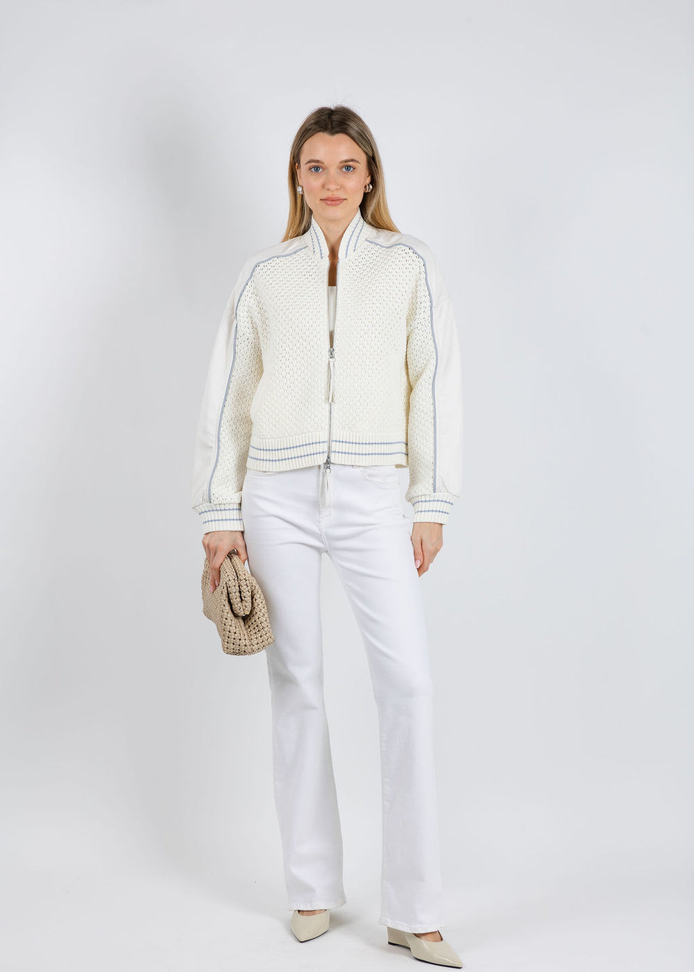 BK Val Vegan Crochet Bomber Jacket in Bone available at Barbara Katz