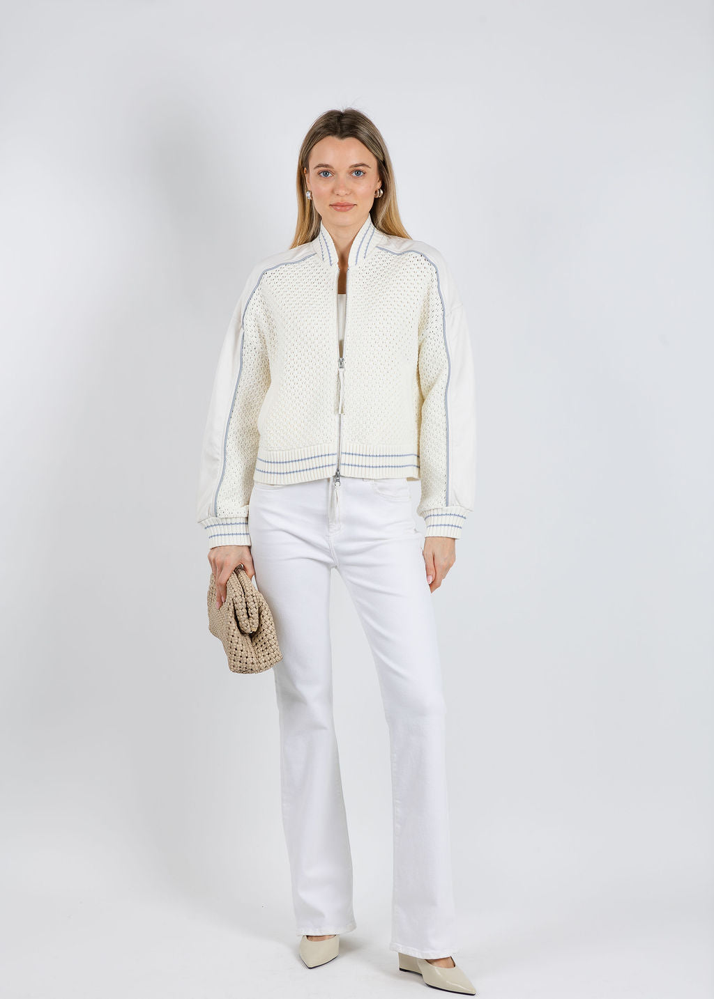 BK Val Vegan Crochet Bomber Jacket in Bone available at Barbara Katz