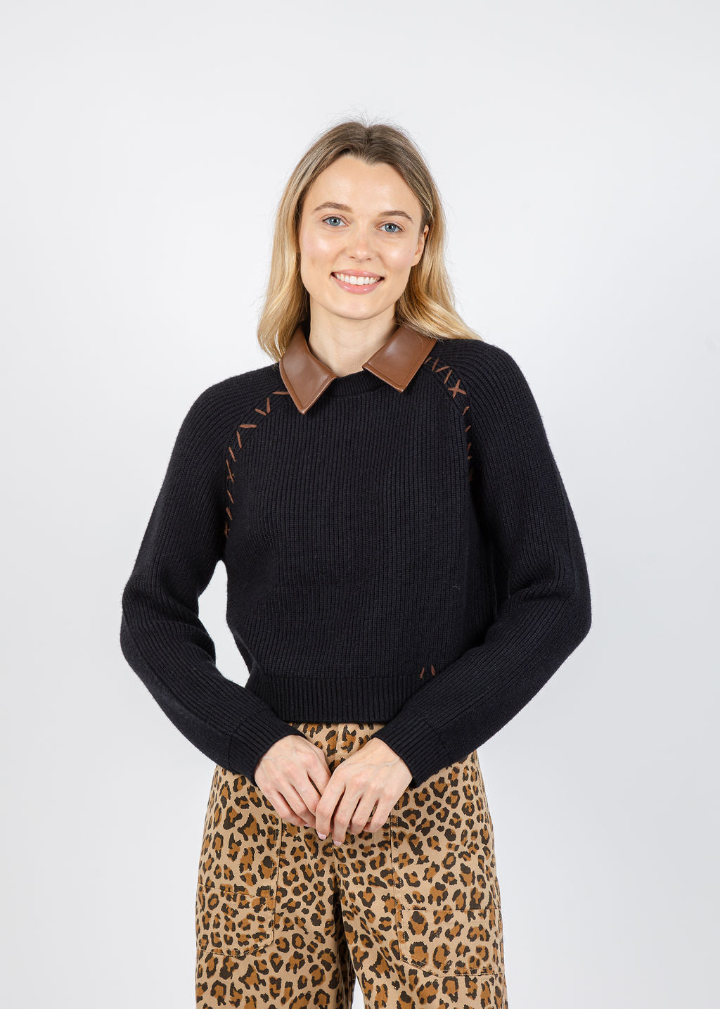 BK Vegan Collared Sweater in Black/Multi available at Barbara Katz