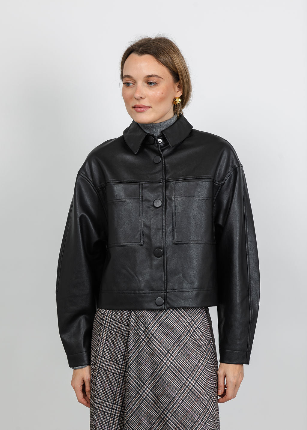 BK Vegan Leather Shacket in Black available at Barbara Katz