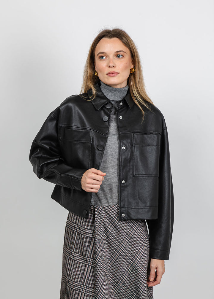 BK Vegan Leather Shacket in Black available at Barbara Katz