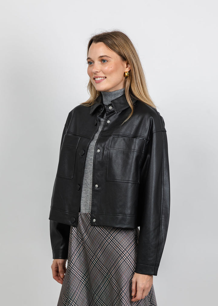 BK Vegan Leather Shacket in Black available at Barbara Katz