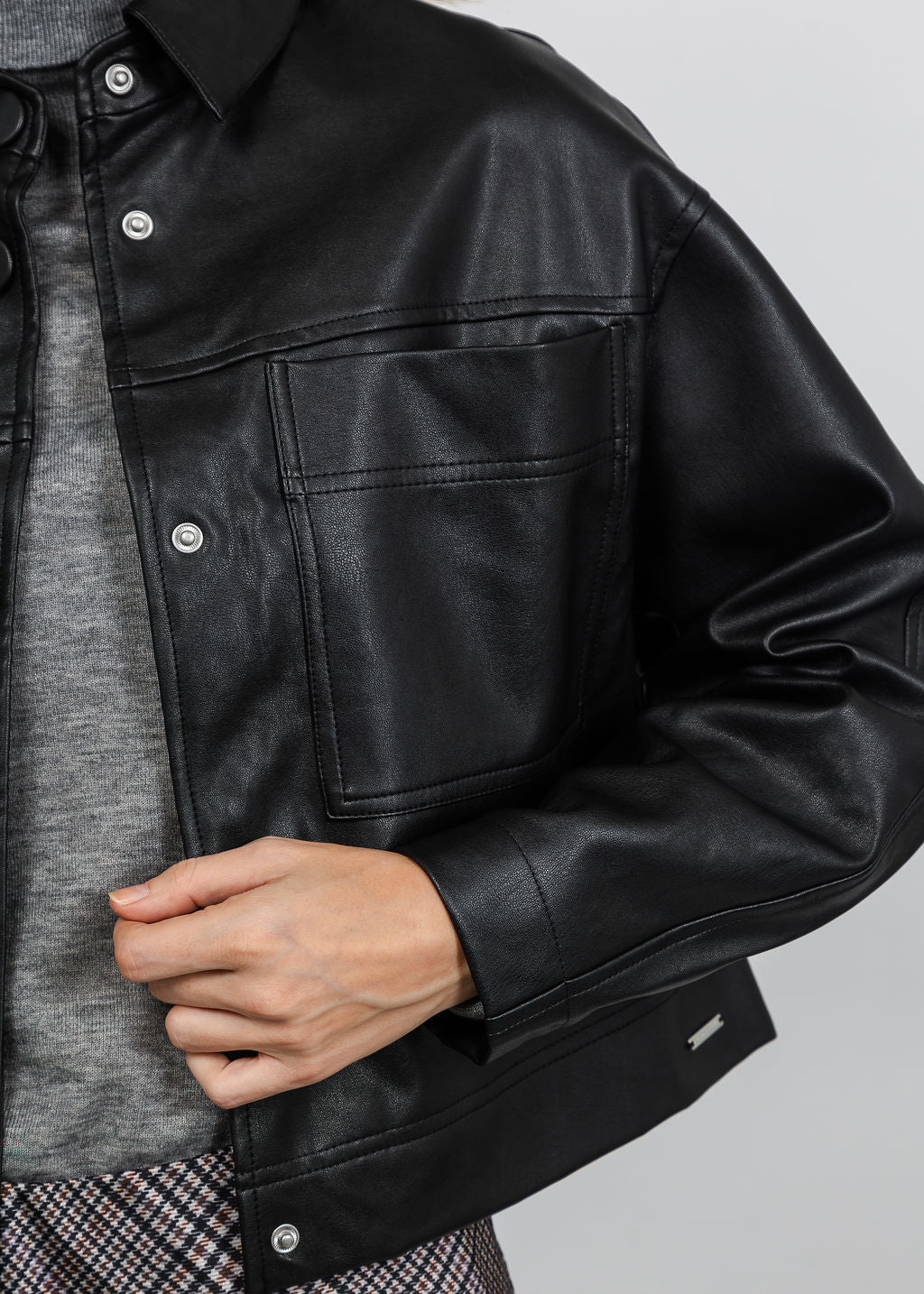 BK Vegan Leather Shacket in Black available at Barbara Katz