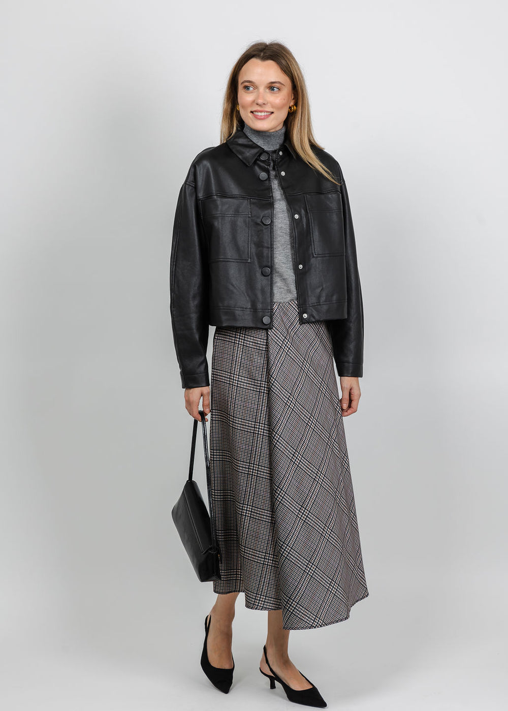 BK Vegan Leather Shacket in Black available at Barbara Katz