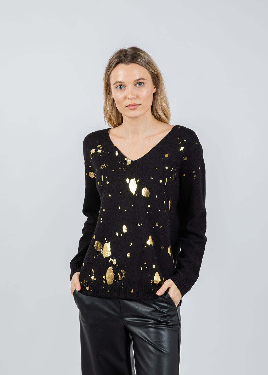BK Vicky V-Neck Foil Splatter Sweater in Black Gold available at Barbara Katz