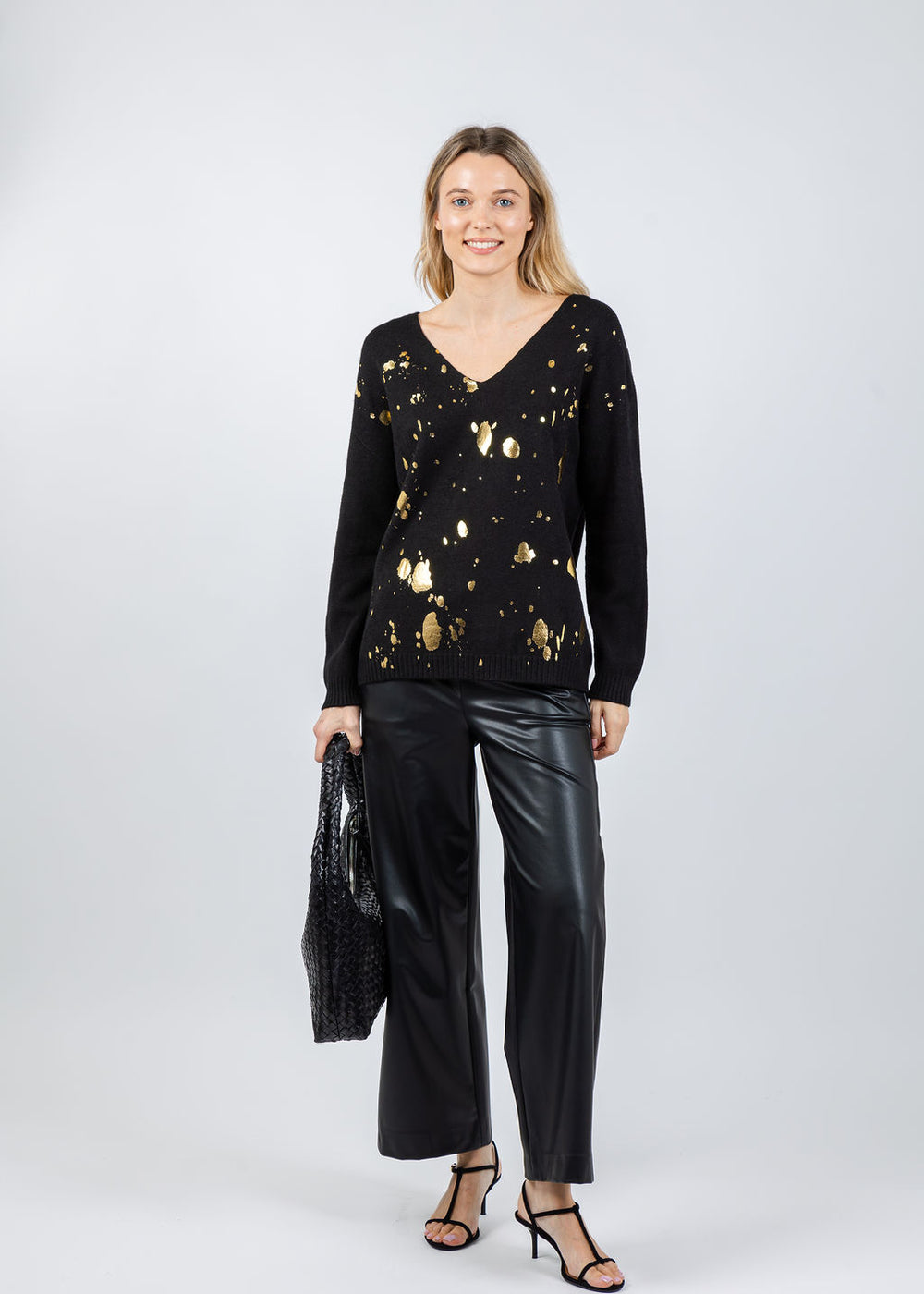 BK Vicky V-Neck Foil Splatter Sweater in Black Gold available at Barbara Katz