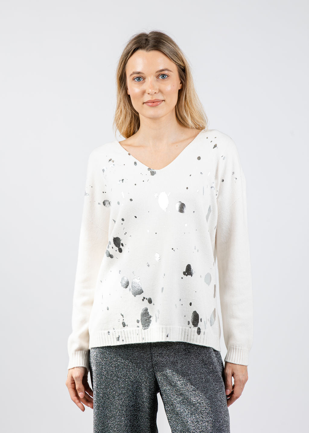 BK Vicky V-Neck Foil Splatter Sweater in White Silver available at Barbara Katz