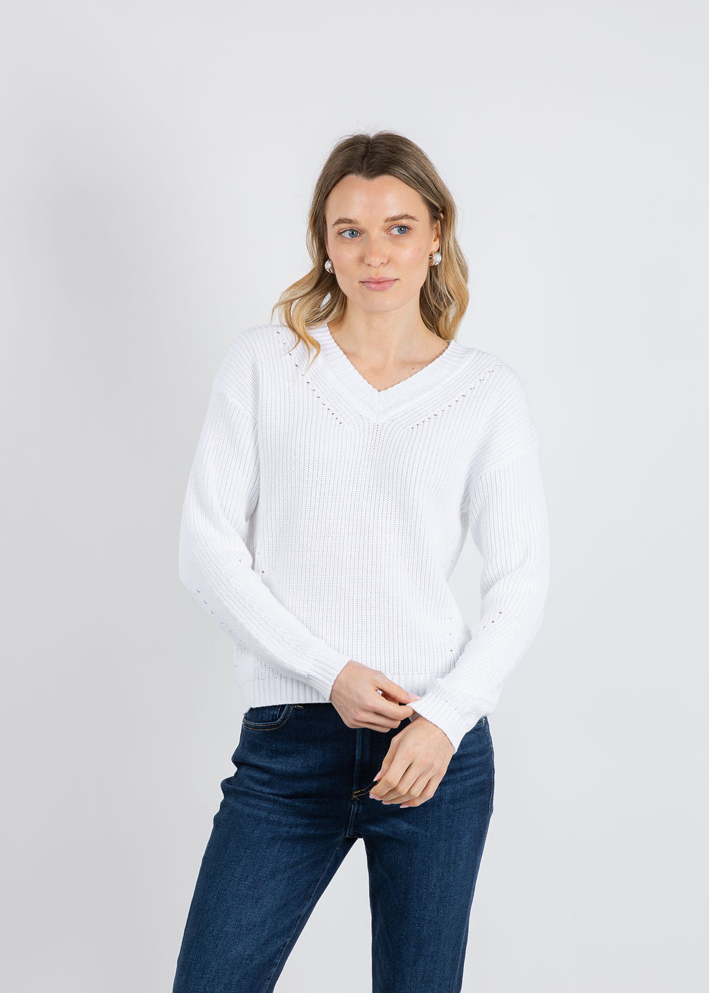 BK Vicky V Neck Shaker Sweater in White available at Barbara Katz