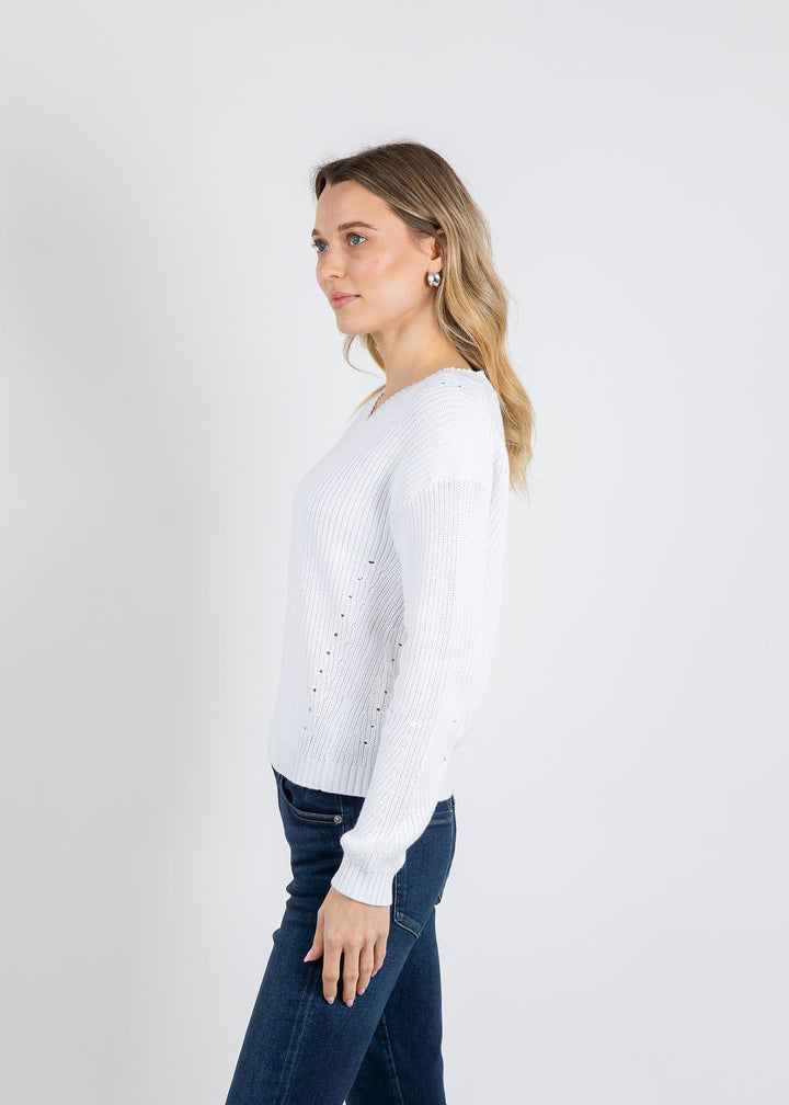 BK Vicky V Neck Shaker Sweater in White available at Barbara Katz