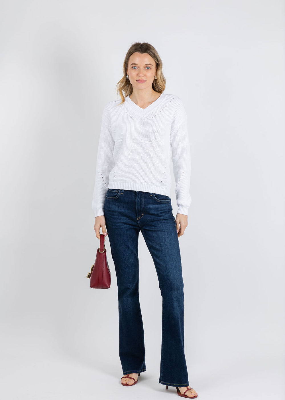 BK Vicky V Neck Shaker Sweater in White available at Barbara Katz