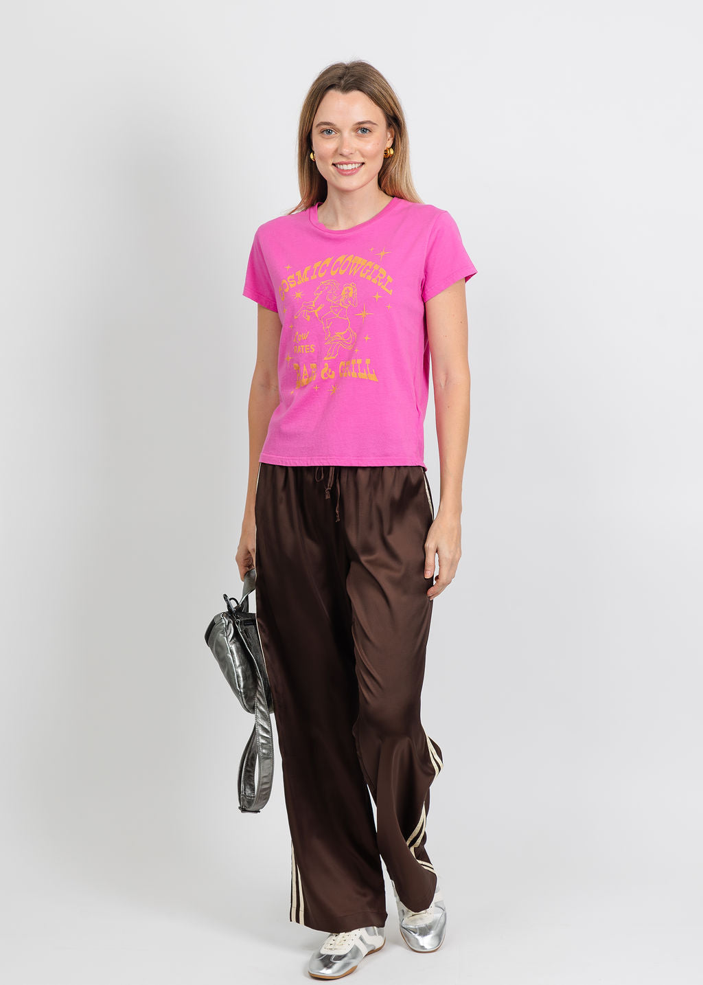 Mother The Lil Goodie Goodie Top in Cosmic Cowgirl Bar &amp; Grill paired with BK Vida Track Pant in Brown Natural available at Barbara Kat
