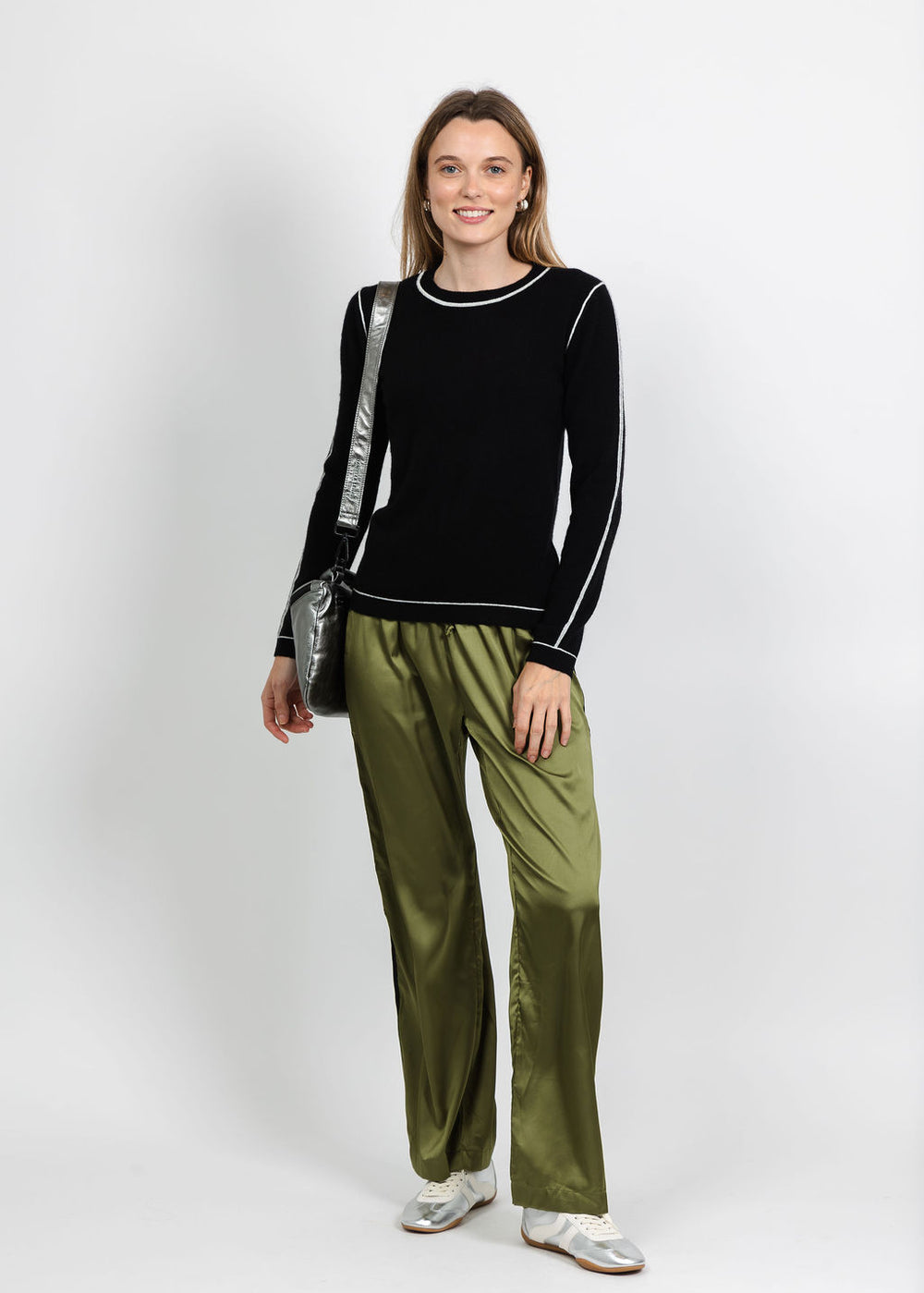 Pure Amici Cashmere Pipe Crew Sweater in Black Combo paired with BK Vida Track Pant in Olive Black available at Barbara Katz