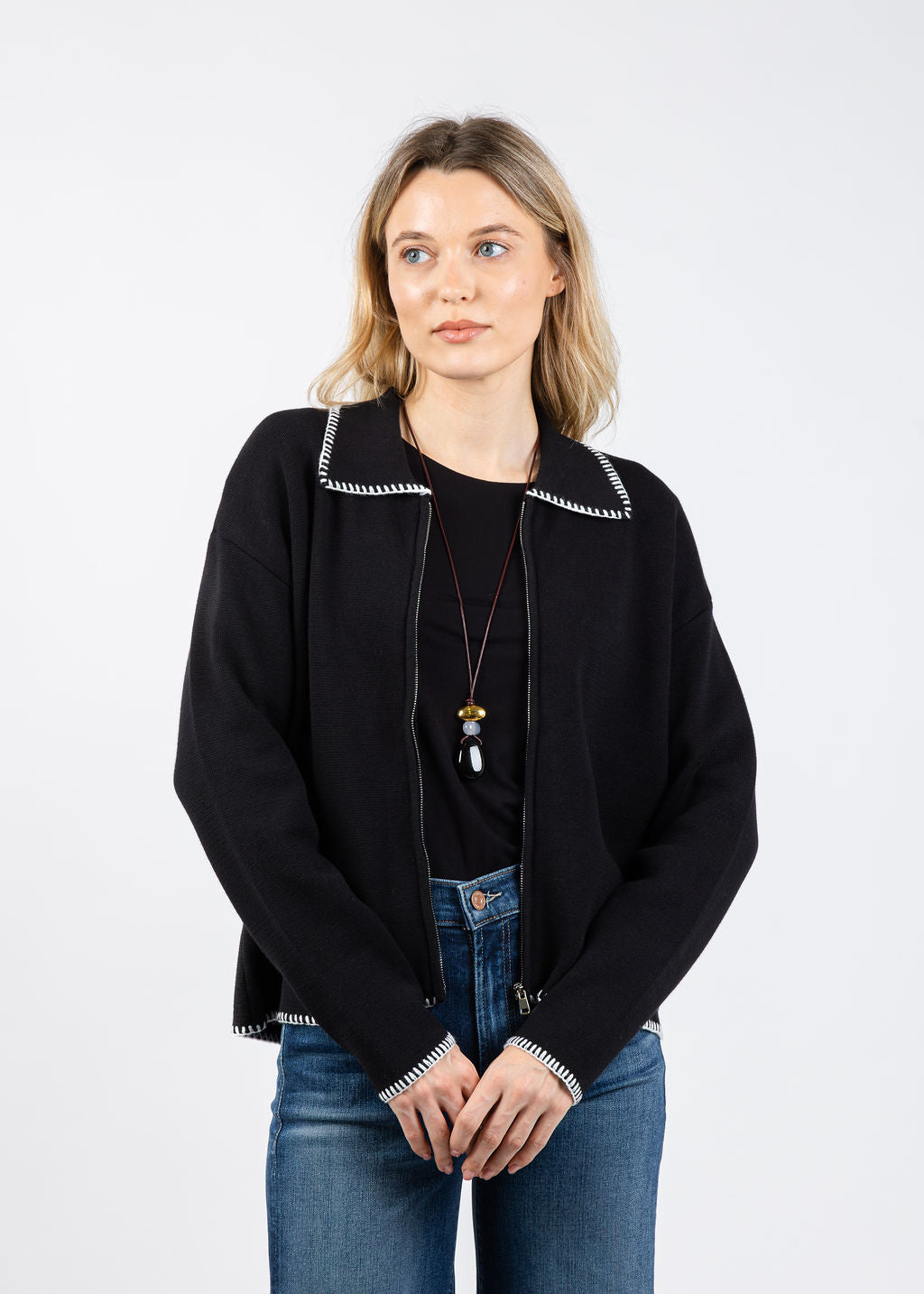 BK Whip Stitch Zip Sweater in Black/Ivory available at Barbara Katz