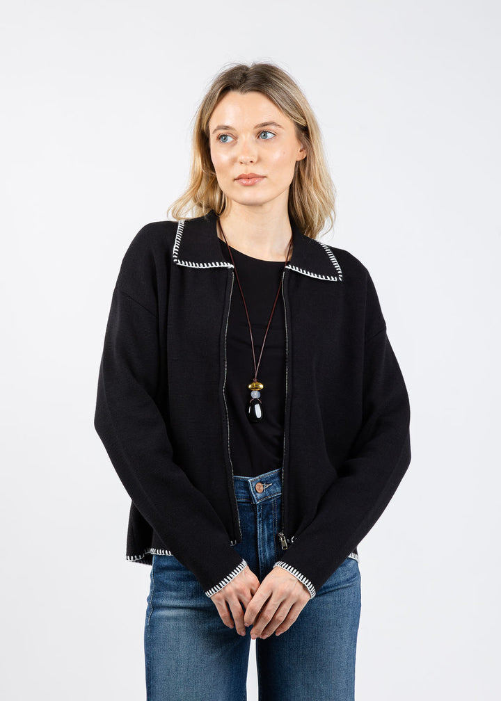 BK Whip Stitch Zip Sweater in Black/Ivory available at Barbara Katz