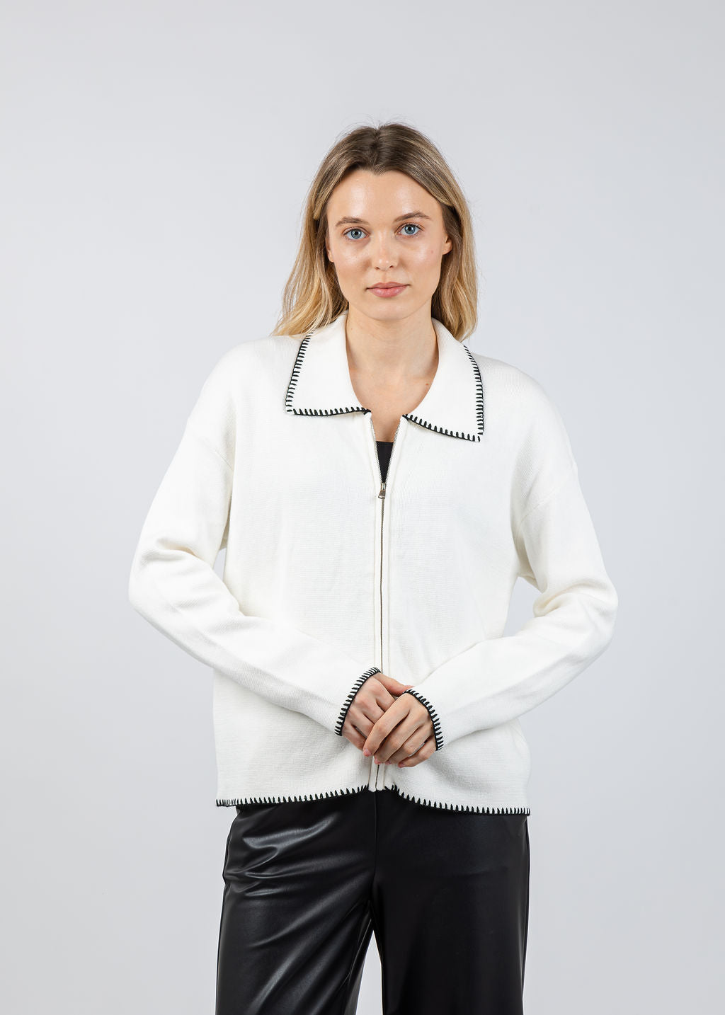 BK Whip Stitch Zip Sweater in Ivory/Black available at Barbara Katz