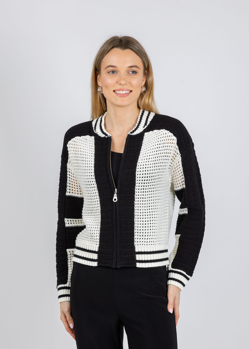 BK Wren Crochet Bomber Jacket in Black/Ivory available at Barbara Katz