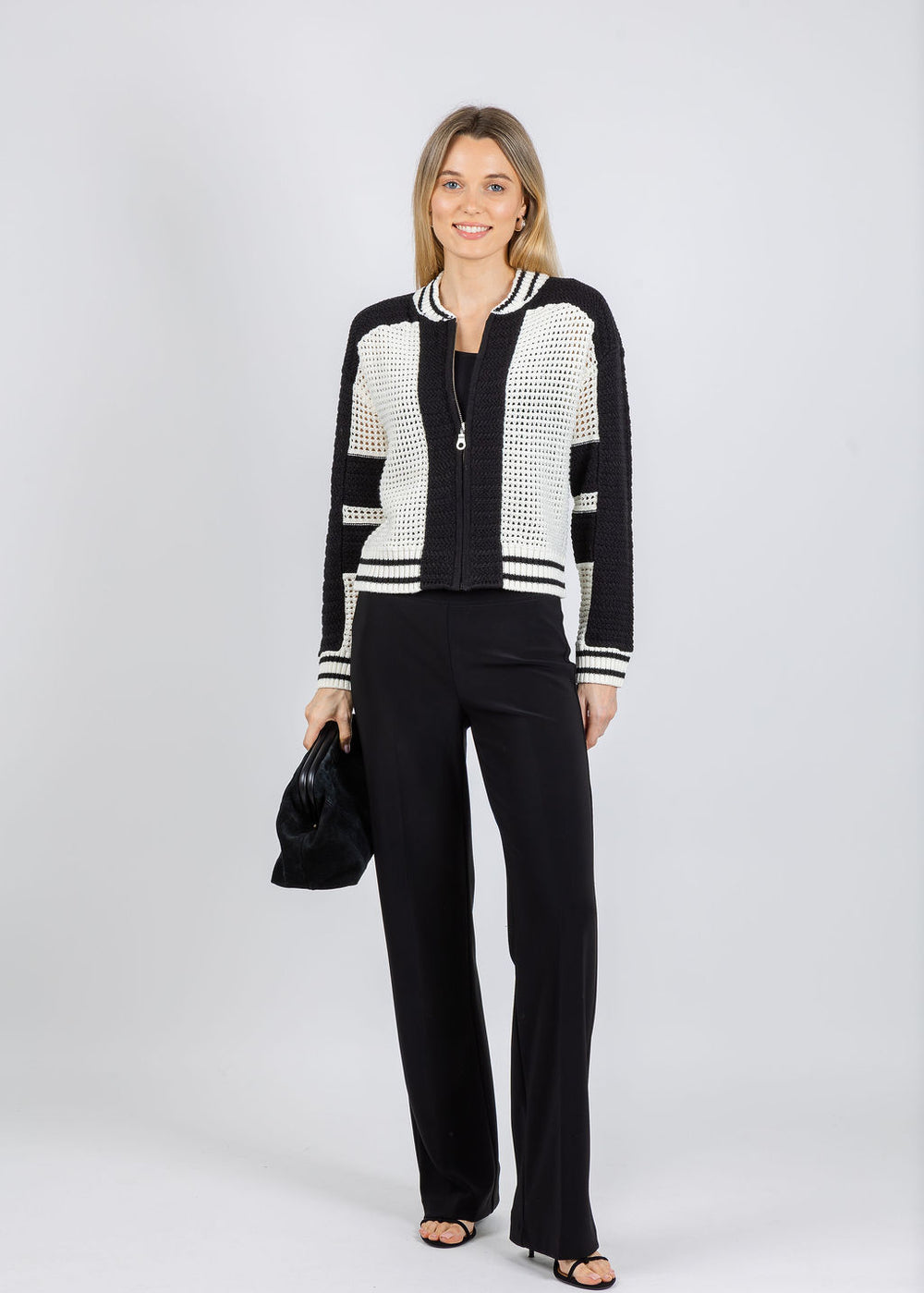 BK Wren Crochet Bomber Jacket in Black/Ivory available at Barbara Katz
